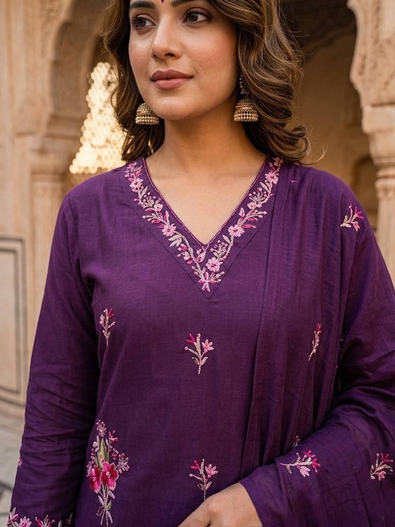 Women's Cotton Cambric 60X60 Embroidered Kurta Pant With Dupatta Manufacturer Wholesale in Jaipur