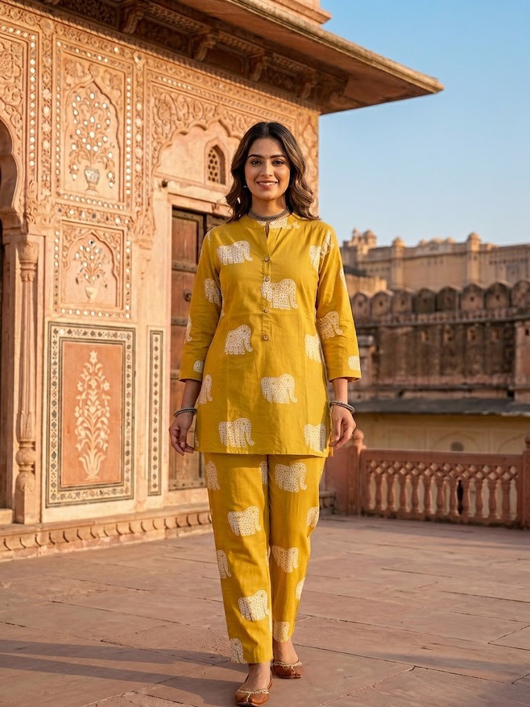 Women's Cotton Elephant Animal Print Co-ord Set With Pant Manufacturer Wholesale in Jaipur