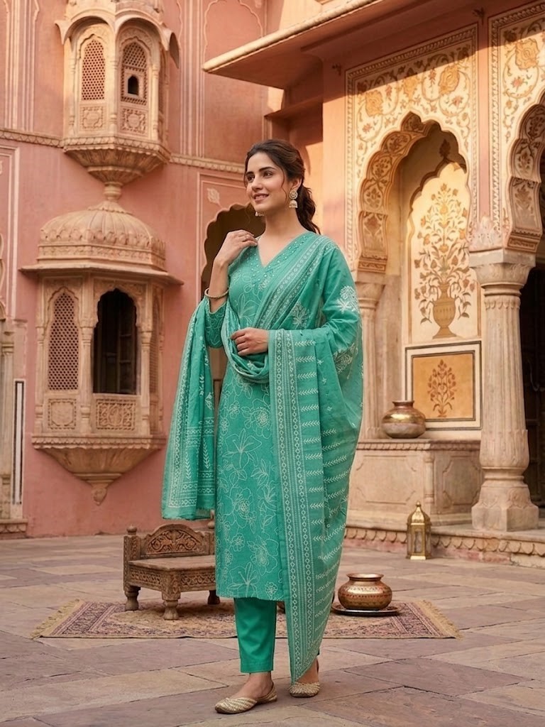 Women's Cotton Cambric 60X60 Printed Kurta Pant With Dupatta Manufacturer Wholesale in Jaipur