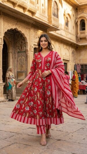Women's Cotton 60X60 Floral Printed Anarkali Kurta Pant With Dupatta Manufacturer Wholesale in Jaipur
