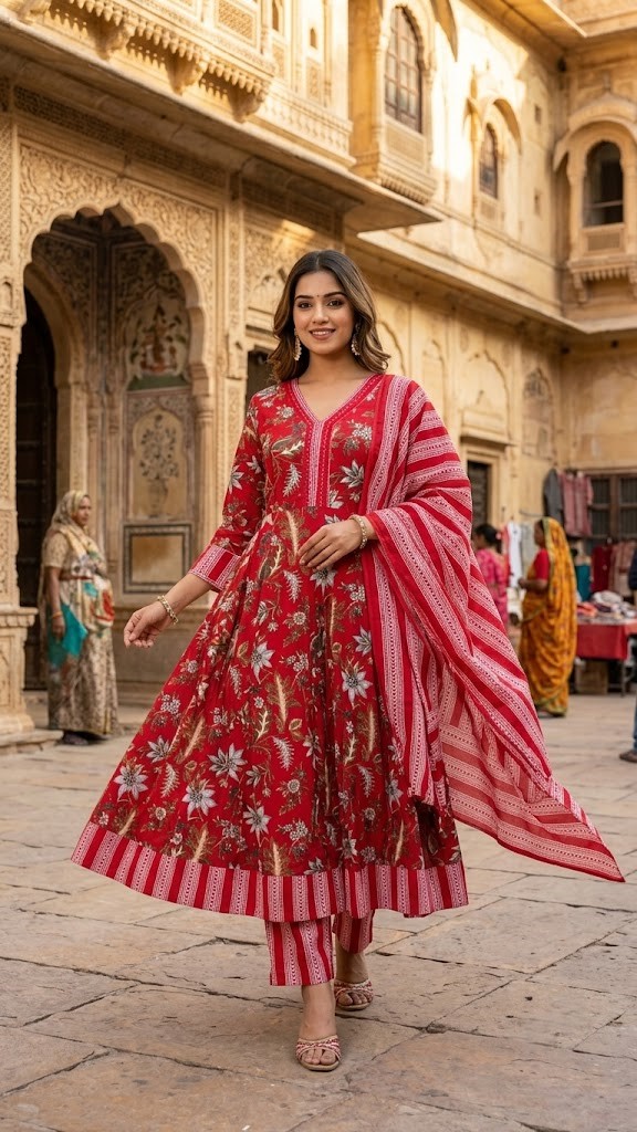 Women's Cotton 60X60 Floral Printed Anarkali Kurta Pant With Dupatta Manufacturer Wholesale in Jaipur