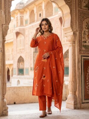 Women's Cotton Cambric 60X60 Embroidered Kurta Pant With Dupatta Manufacturer Wholesale in Jaipur