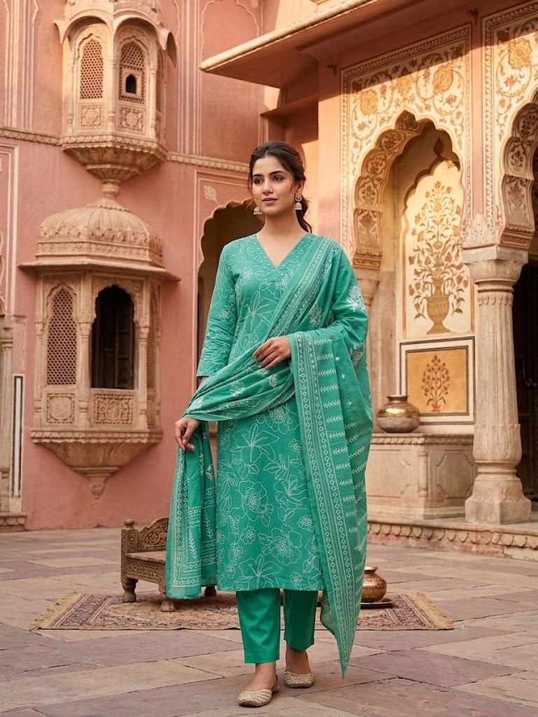 Women's Cotton Cambric 60X60 Printed Kurta Pant With Dupatta Manufacturer Wholesale in Jaipur