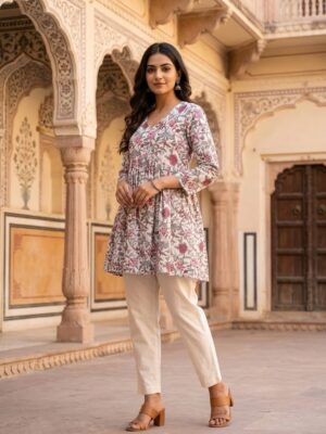Women's Cotton Floral Short Kurti in Jaipuri Cotton Cambric Fabric Manufacturer Wholesale in Jaipur