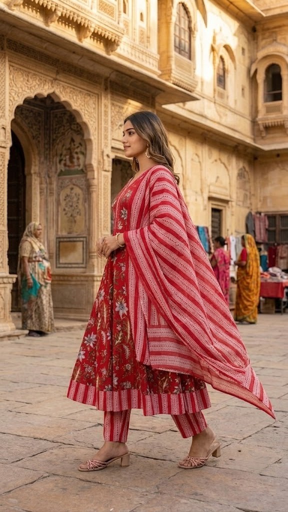 Women's Cotton 60X60 Floral Printed Anarkali Kurta Pant With Dupatta Manufacturer Wholesale in Jaipur
