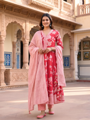 Women's Cotton 60X60 Floral Printed Anarkali Kurta Chevron Printed Dupatta With Pant Manufacturer Wholesale in Jaipur