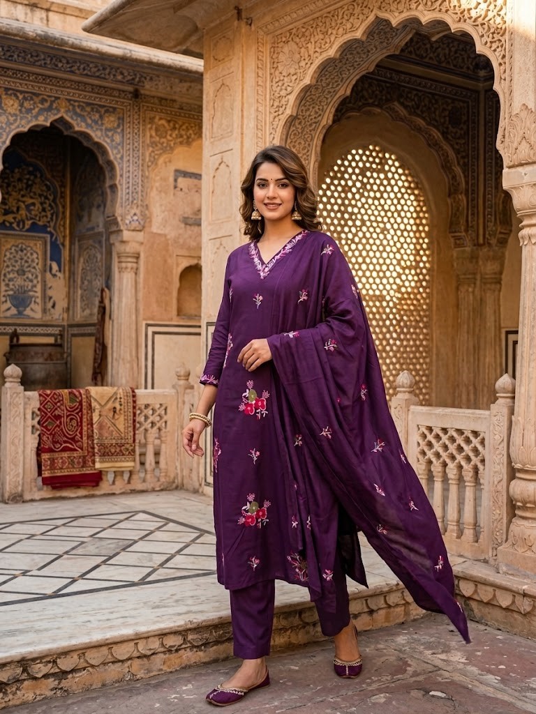Women's Cotton Cambric 60X60 Embroidered Kurta Pant With Dupatta Manufacturer Wholesale in Jaipur