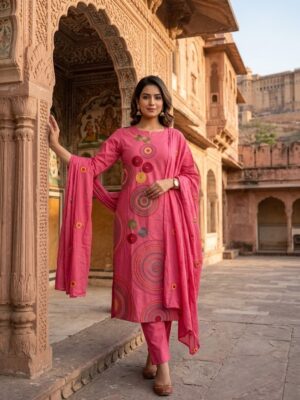 Women's Cotton Cambric 60X60 Applique Work Kurta Pant With Dupatta Manufacturer Wholesale in Jaipur