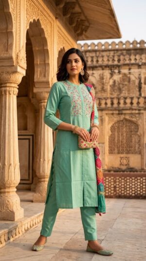Women's Cotton Slub Embroidered Kurta Pant With Dupatta Manufacturer Wholesale in Jaipur