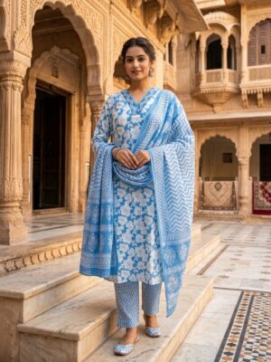 Women's Cotton Cambric 60X60 Floral Printed Kurta Dupatta Pant Manufacturer Wholesale in Jaipur