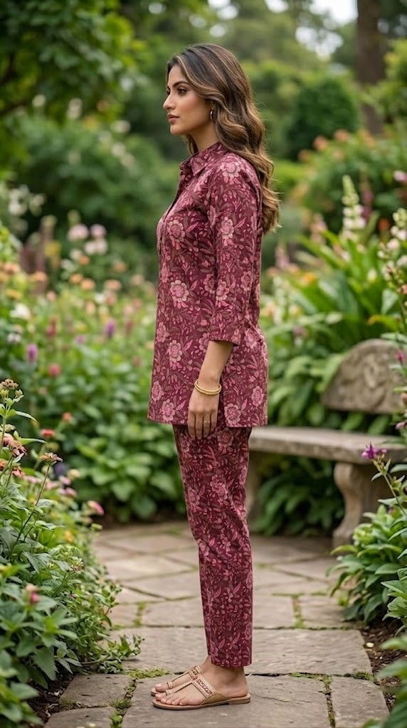 Women's Wine Floral Printed Cotton Short Kurti & Pants Co-ord Set with Shirt Collar Manufacturer Wholesale in Jaipur