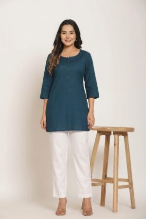 Women's Solid Peacock Blue Cotton Flex Short Kurti Manufacturer Wholesale in Jaipur