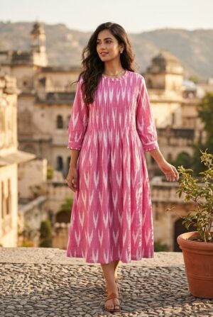 Women Pink Ikat Printed Cotton Flared One-Piece Dress with Front Pintex Yoke Manufacturer Wholesale in Jaipur