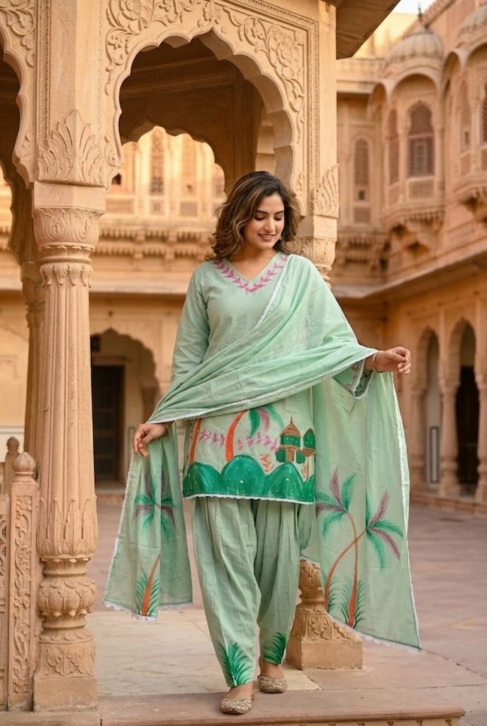 Women's Pista Green Hand-Brush Painted Floral Mulmul Cotton Farsi Salwar Suit Set with Lining Manufacturer Wholesale in Jaipur