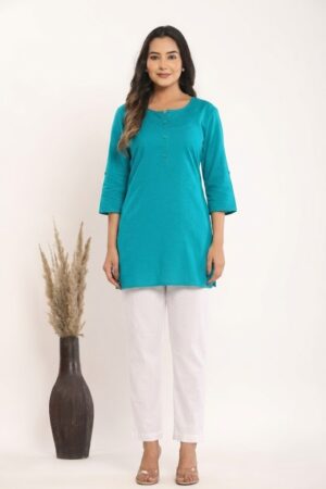 Women's Solid Rama Green Cotton Flex Short Kurti Manufacturer Wholesale in Jaipur