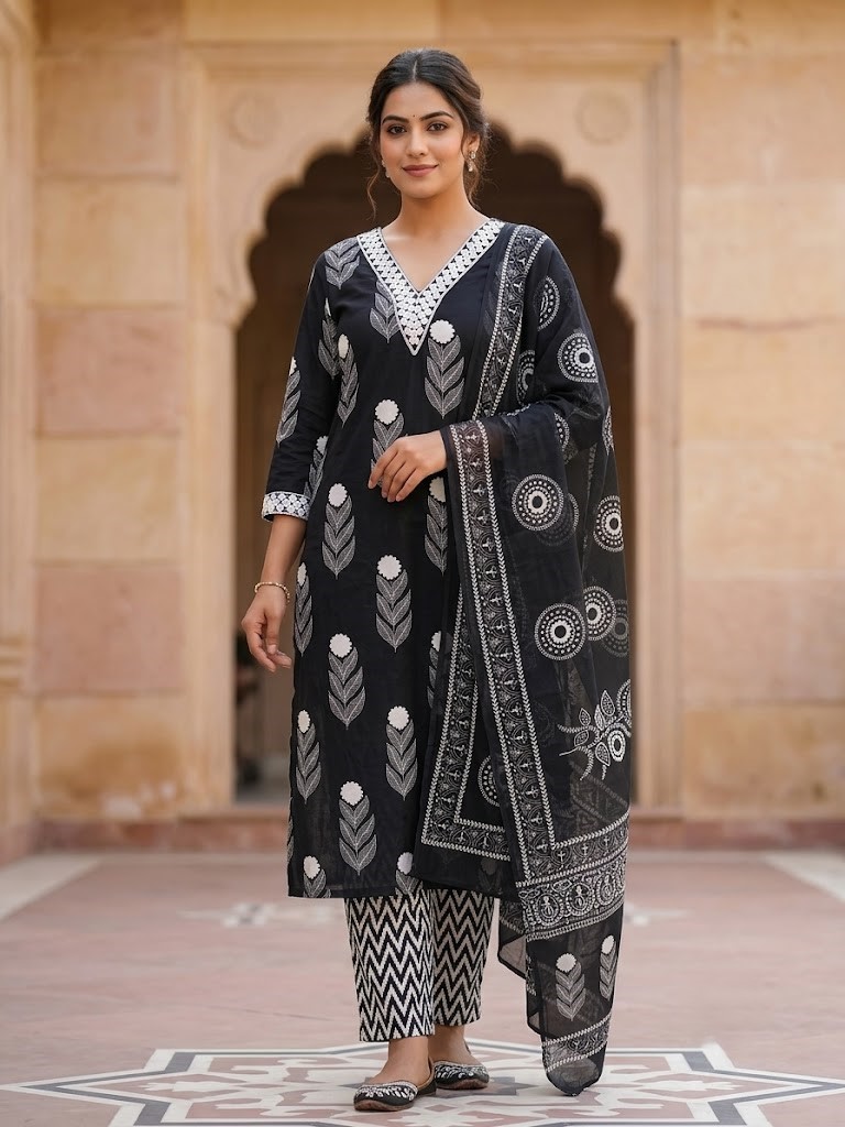Women Black & White Floral Block Printed Pure Cotton Straight Kurta Pant And Dupatta Manufacturer Wholesale in Jaipur