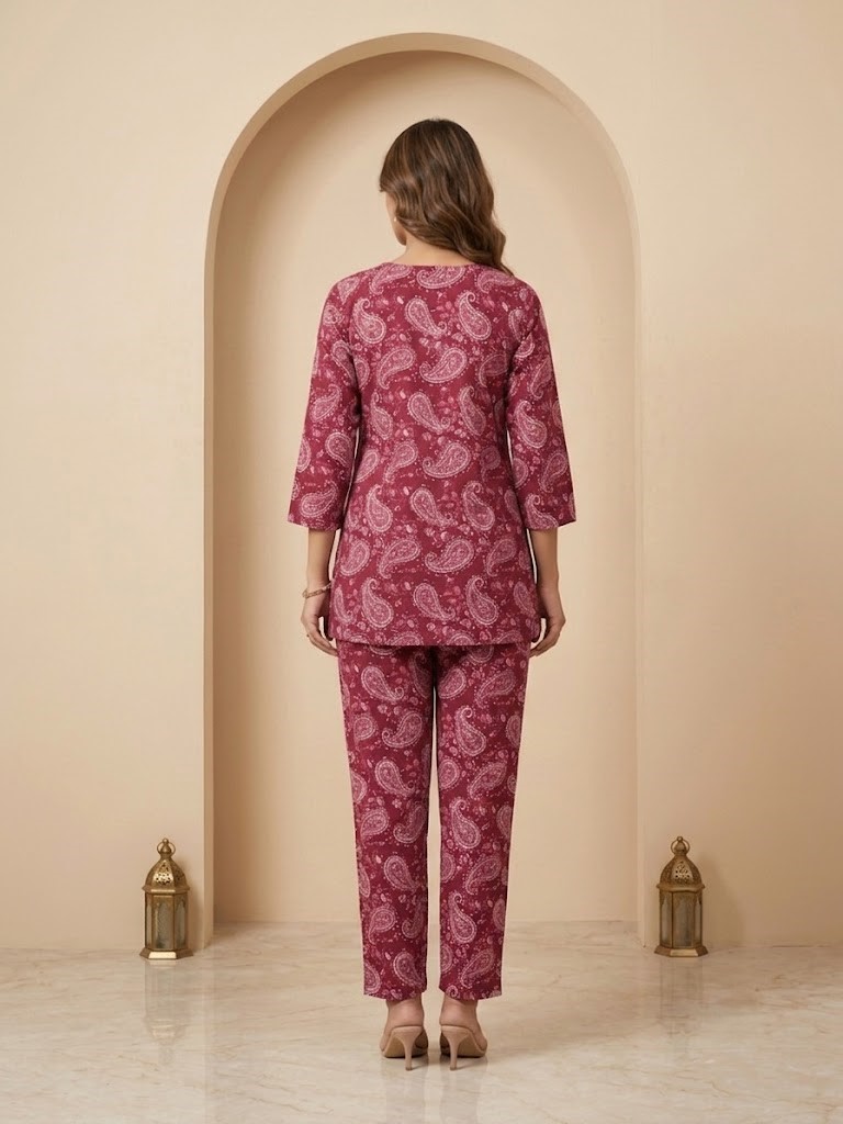 Women's Maroon Floral Printed Pure Cotton Co-ord Set Manufacturer Wholesale in Jaipur