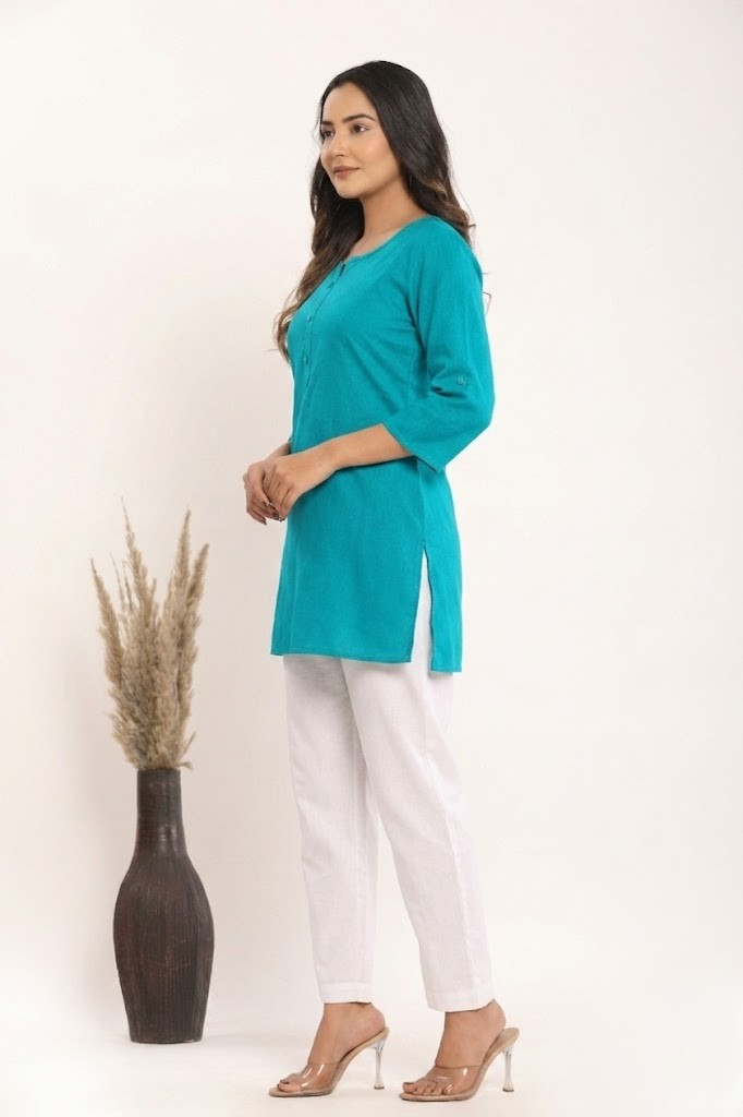 Women's Solid Rama Green Cotton Flex Short Kurti Manufacturer Wholesale in Jaipur