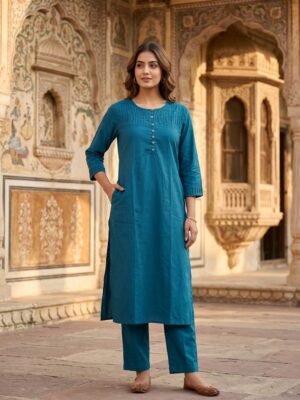 Women's Solid Teal Blue Pintex Detailed Cotton Kurta Set with Palazzo Manufacturer Wholesale in Jaipur