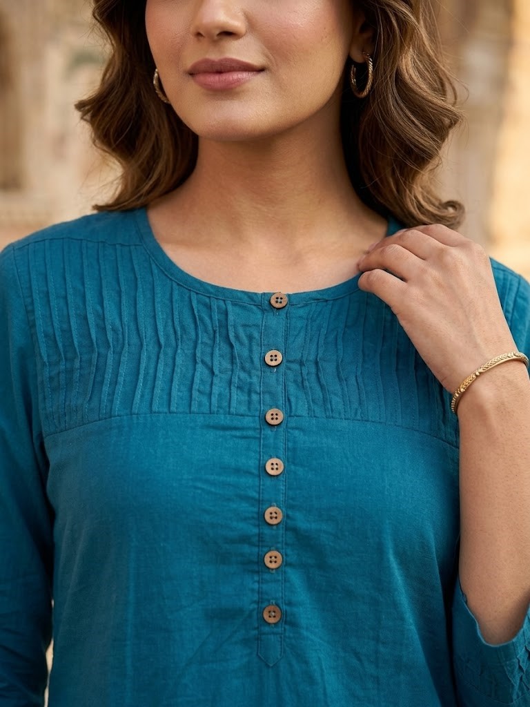 Women's Solid Teal Blue Pintex Detailed Cotton Kurta Set with Palazzo Manufacturer Wholesale in Jaipur