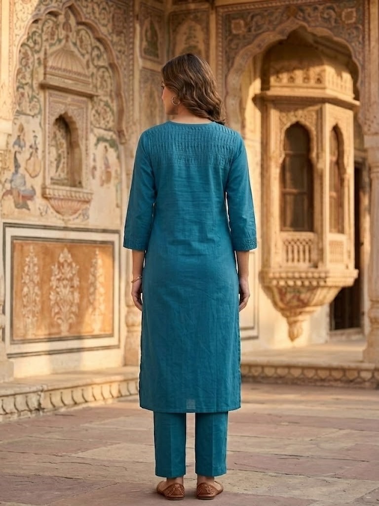 Women's Solid Teal Blue Pintex Detailed Cotton Kurta Set with Palazzo Manufacturer Wholesale in Jaipur