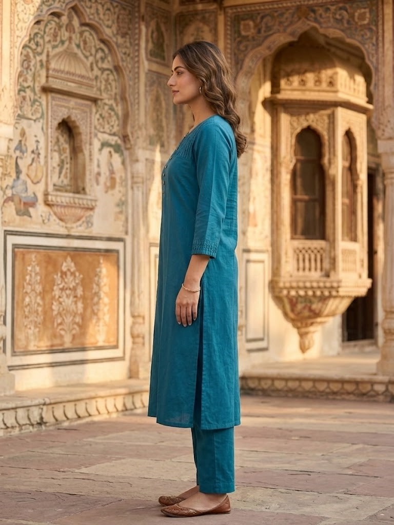 Women's Solid Teal Blue Pintex Detailed Cotton Kurta Set with Palazzo Manufacturer Wholesale in Jaipur