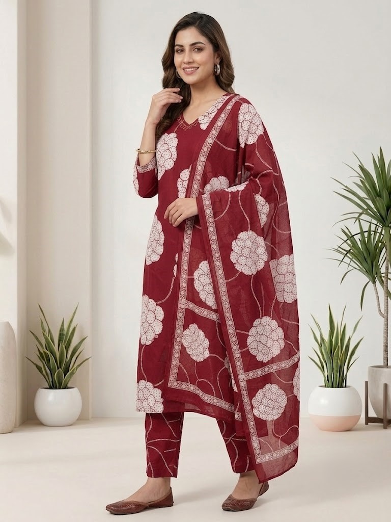 Women's Maroon Floral Block Printed Straight Kurta Pant with Dupatta Manufacturer Wholesale in Jaipur