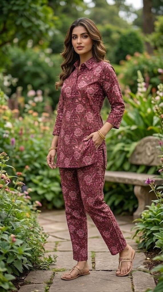 Women's Wine Floral Printed Cotton Short Kurti & Pants Co-ord Set with Shirt Collar Manufacturer Wholesale in Jaipur