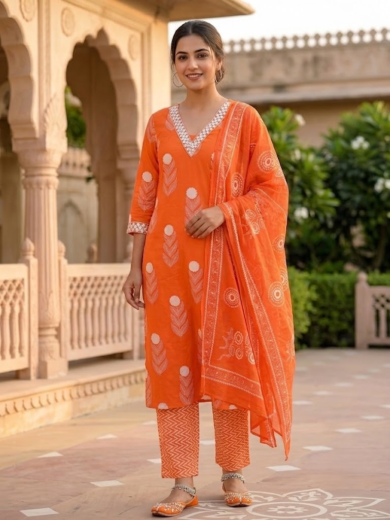 Women's Bright Orange Floral Block Printed Pure Cotton Straight Kurta Pant And Dupatta Manufacturer Wholesale in Jaipur
