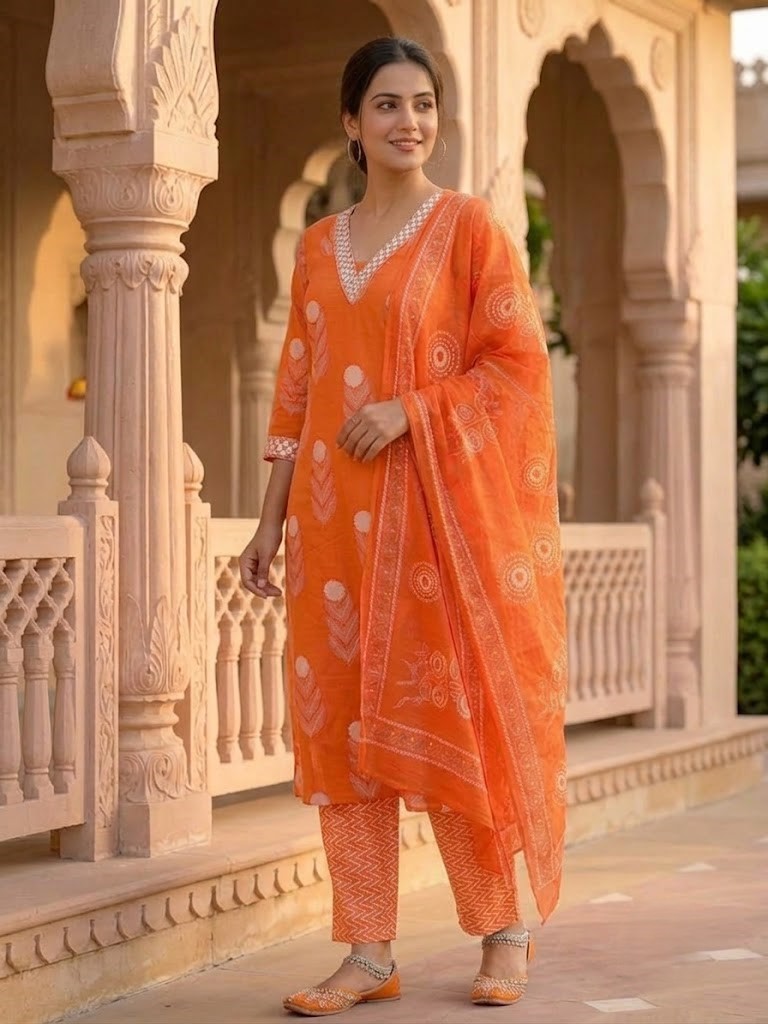 Women's Bright Orange Floral Block Printed Pure Cotton Straight Kurta Pant And Dupatta Manufacturer Wholesale in Jaipur