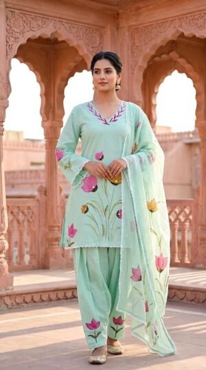 Women's Light Aqua Hand-Brush Painted Floral Mulmul Cotton Farsi Salwar Suit Set with Lining Manufacturer Wholesale in Jaipur