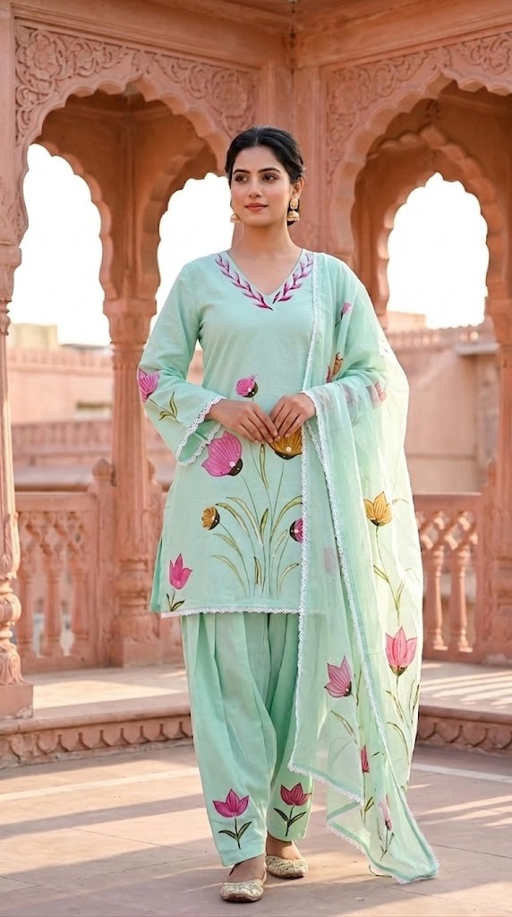 Women's Light Aqua Hand-Brush Painted Floral Mulmul Cotton Farsi Salwar Suit Set with Lining Manufacturer Wholesale in Jaipur
