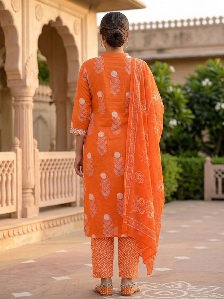 Women's Bright Orange Floral Block Printed Pure Cotton Straight Kurta Pant And Dupatta Manufacturer Wholesale in Jaipur