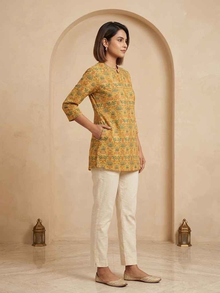 Women's Mustard Yellow Floral Printed Short Kurti Manufacturer Wholesale in Jaipur
