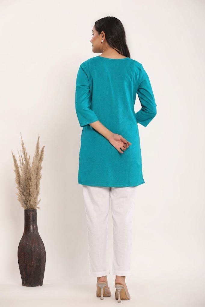 Women's Solid Rama Green Cotton Flex Short Kurti Manufacturer Wholesale in Jaipur