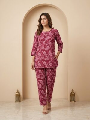 Women's Maroon Floral Printed Pure Cotton Co-ord Set Manufacturer Wholesale in Jaipur