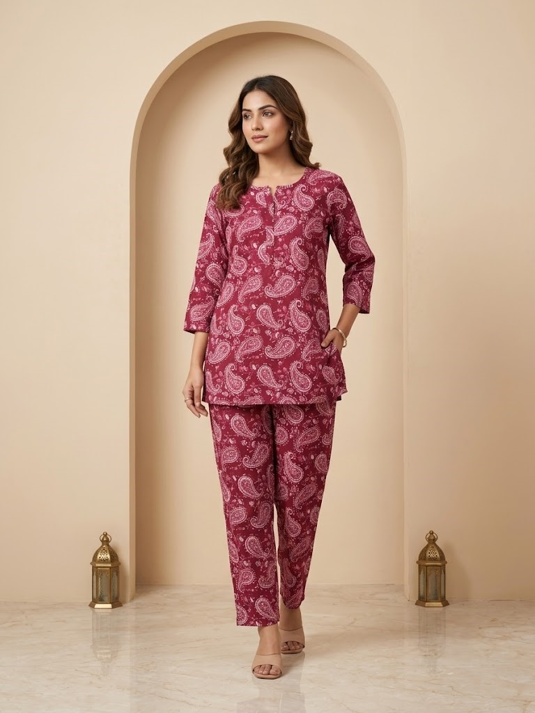 Women's Maroon Floral Printed Pure Cotton Co-ord Set Manufacturer Wholesale in Jaipur