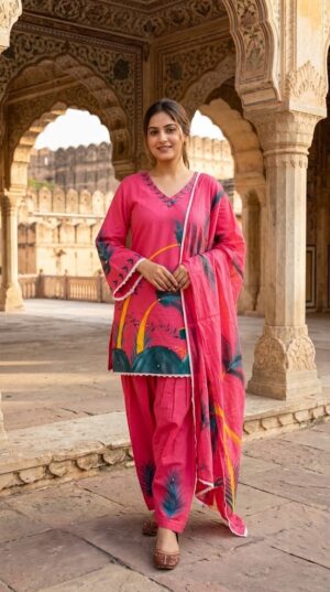 Women's Neon Pink Hand-Brush Painted Floral Mulmul Cotton Farsi Salwar Suit Set with Lining Manufacturer Wholesale in Jaipur
