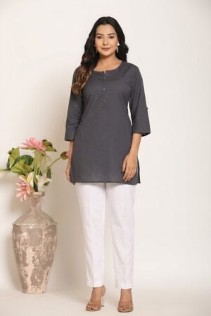Women's Solid Smoke Grey Cotton Flex Short Kurti Manufacturer Wholesale in Jaipur