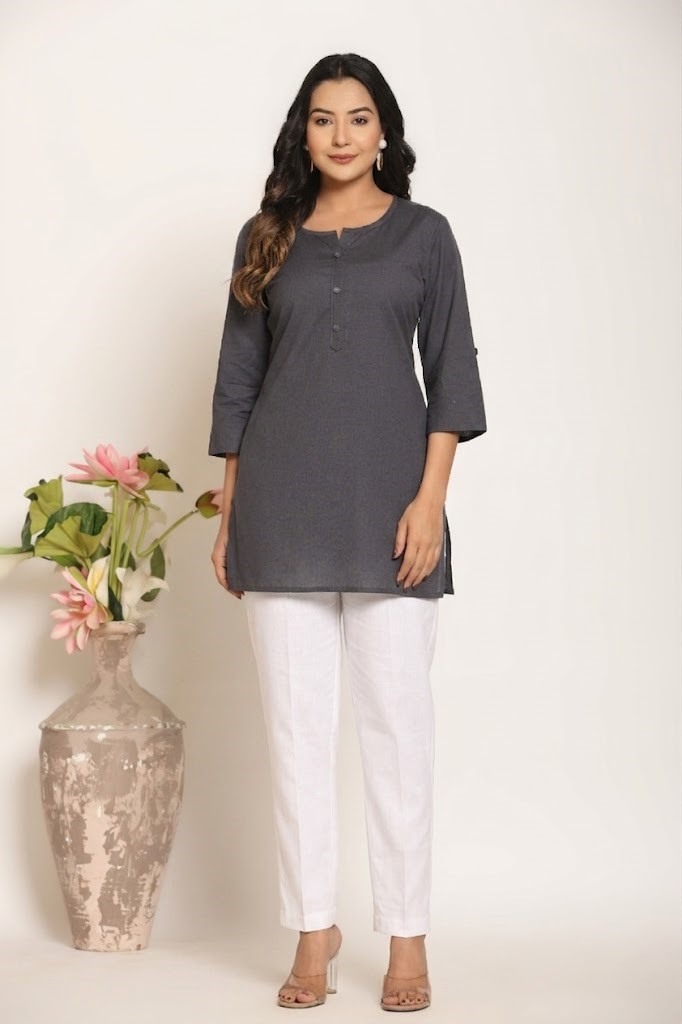 Women's Solid Smoke Grey Cotton Flex Short Kurti Manufacturer Wholesale in Jaipur
