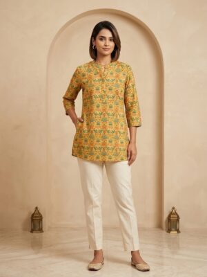 Women's Mustard Yellow Floral Printed Short Kurti Manufacturer Wholesale in Jaipur