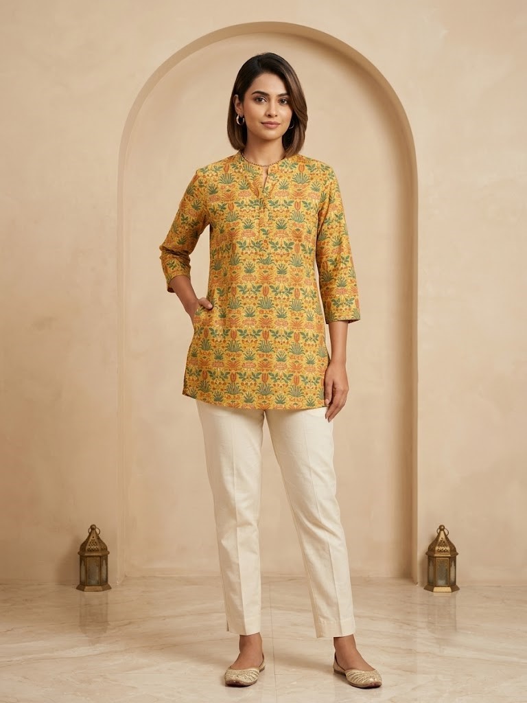Women's Mustard Yellow Floral Printed Short Kurti Manufacturer Wholesale in Jaipur