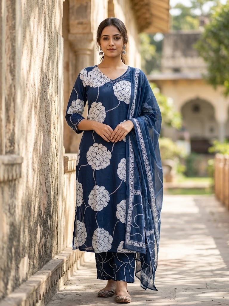 Women's Navy Blue Floral Block Printed Straight Kurta Pant with Dupatta Manufacturer Wholesale in Jaipur