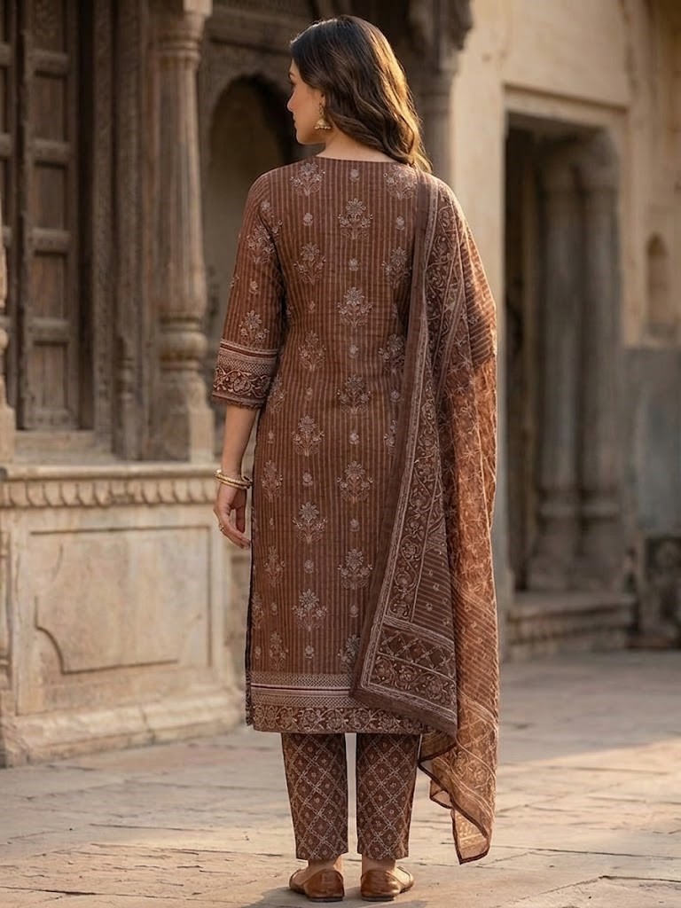 Women Chocolate Brown Printed Straight Kurta Pant And Dupatta Manufacturer Wholesale in Jaipur