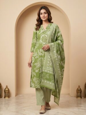 Elegant Olive Green Ethnic Floral Print Kurta Pant with Dupatta Manufacturer Wholesale in Jaipur