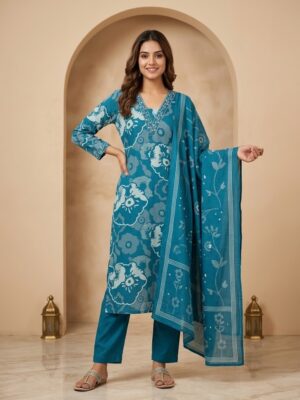 Peacock Blue Floral Printed Kurta With Plain Pant with Dupatta Manufacturer Wholesale in Jaipur