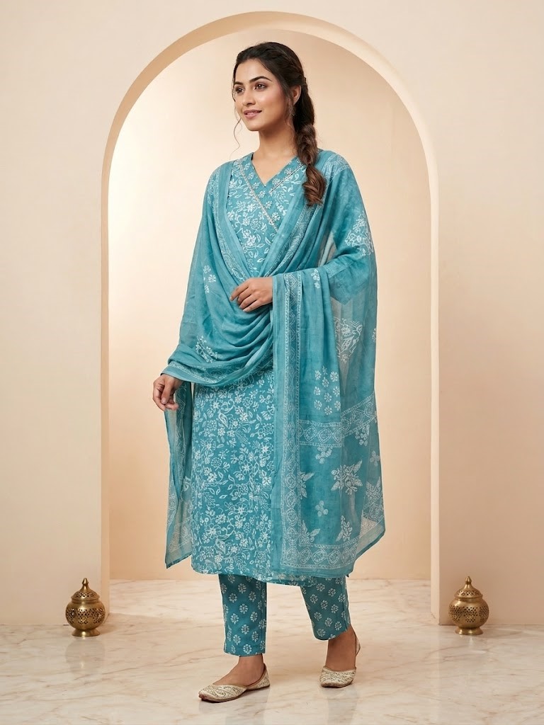 Women's Sky Blue Floral Printed Kurta Pant And Dupatta Manufacturer Wholesale in Jaipur