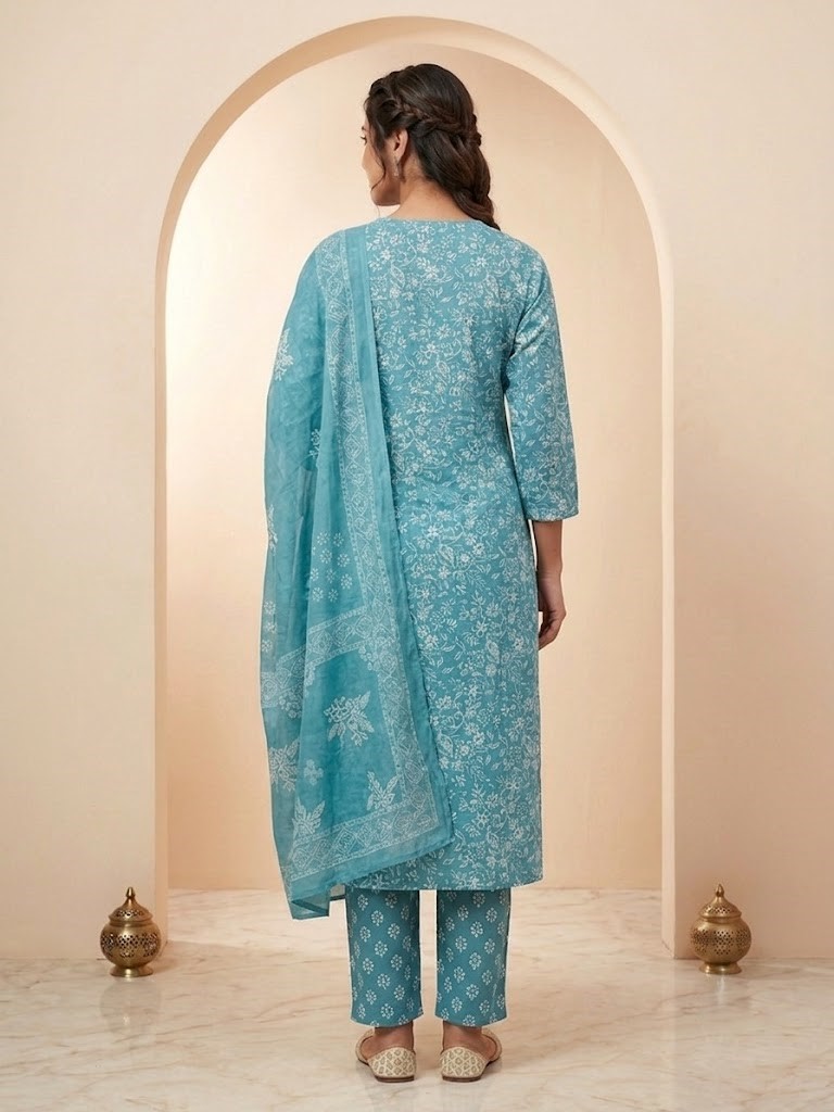 Women's Sky Blue Floral Printed Kurta Pant And Dupatta Manufacturer Wholesale in Jaipur