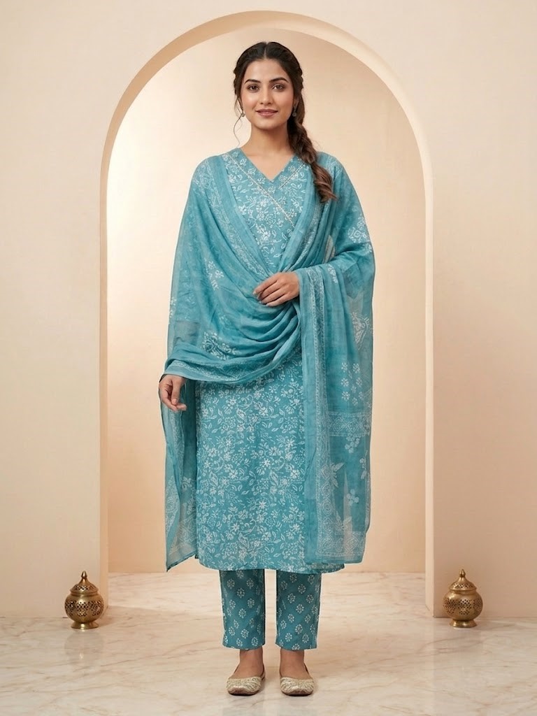 Women's Sky Blue Floral Printed Kurta Pant And Dupatta Manufacturer Wholesale in Jaipur