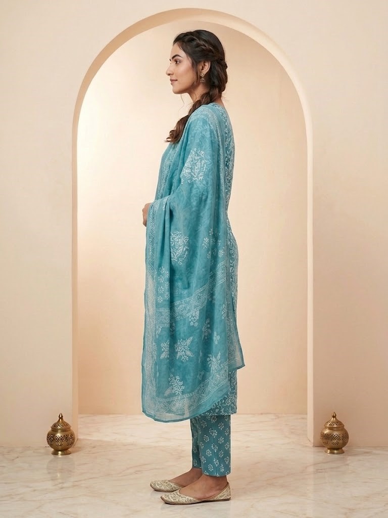 Women's Sky Blue Floral Printed Kurta Pant And Dupatta Manufacturer Wholesale in Jaipur